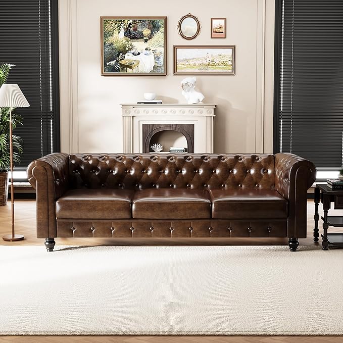 Chesterfield PU Leather Couch 3 Seater Sofa 89 Modern Luxurious Large Button-Tufted Sofa Couch Home Upholstered Deep Seat Sofa for Living Room Furniture Brown