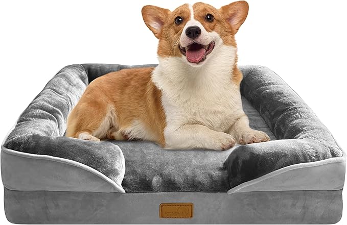 Orthopedic Dog Bed with Sides - Dog Sofa Beds for Medium Dogs Supportive Foam Pet Couch Bed with Washable Removable Cover Waterproof Lining and Non-Slip Bottom Grey - M