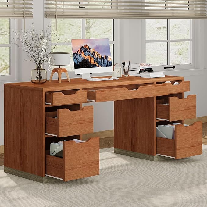 54 Inch Executive Desk with Drawers Computer Desk with 7 Drawers for Bedroom Office Desk with File Cabinet for Work Study Writing Small Spaces Brown