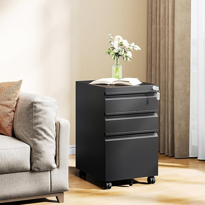 MIIIKO File Cabinet 3 Drawers on Wheels Under Desk Black Metal Rolling File Cabinets with Lock for Home Office Un-Assembled Filing Cabinet with Lock