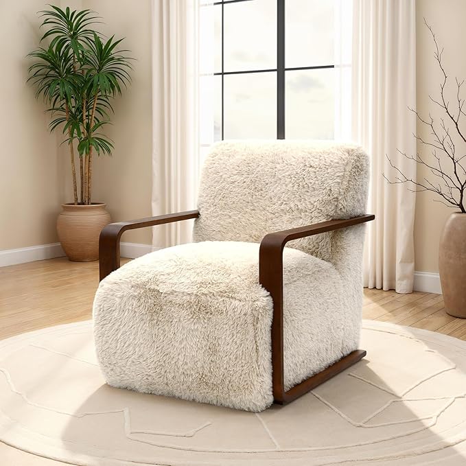 Comfortable Faux Fur Reading ChairModern Luxury Accent Chair Side Chairs with Curved Wooden Armrests for ApartmentLiving RoomOfficeStudyBeige