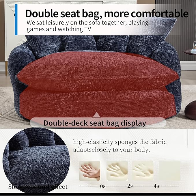 55 inch Oversized Round Chair Fluffy Chenille Boneless Sofa with Extra Deep Seat for Living Room Lounge (Blue)