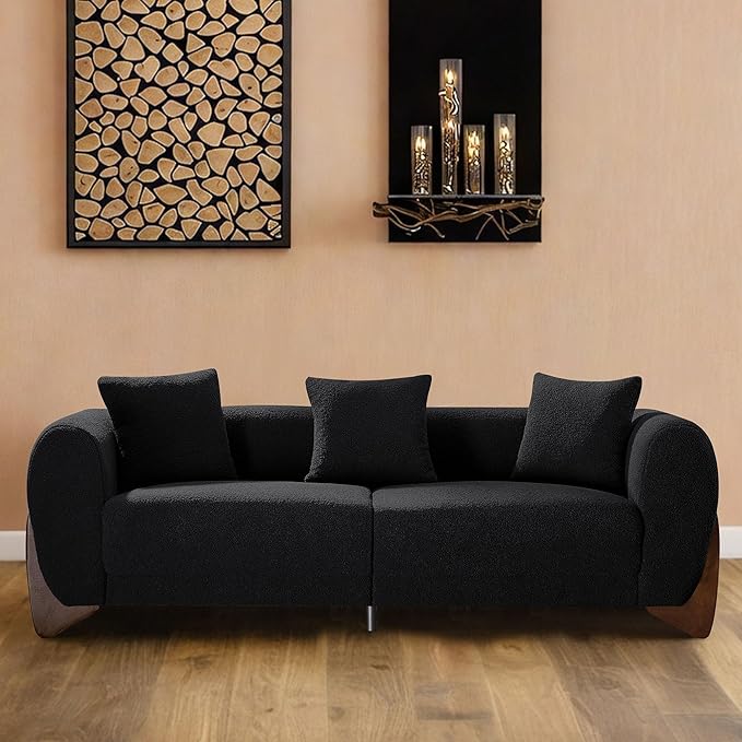 87 Sherpa Boucle Cloud Couch Modern 3 Seater Sofa with Solid Wood Legs 25 Extra Deep Seat Comfy Thick Cushion Upholstered Sofa Couches with 3 Pillows for Living Room Black