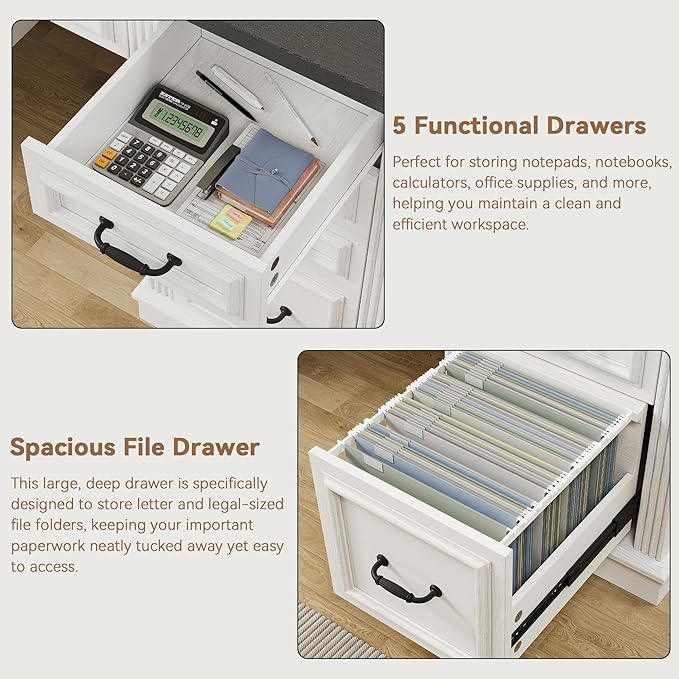Farmhouse 57 Lift Up Executive Desk with 5 Drawers and Charging Station Wood Home Office Computer Desk with File Cabinet Storage Keyboard TrayHeadphone Hook for WorkStudy (White+Black)