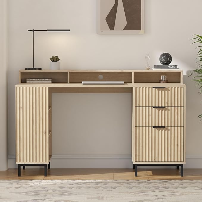 55 Fluted Executive Desk with Charging Station Modern Wood Home Office Desk with with Storage Shelf &amp File Drawer Writing Study Computer Table for Work Study Light Oak
