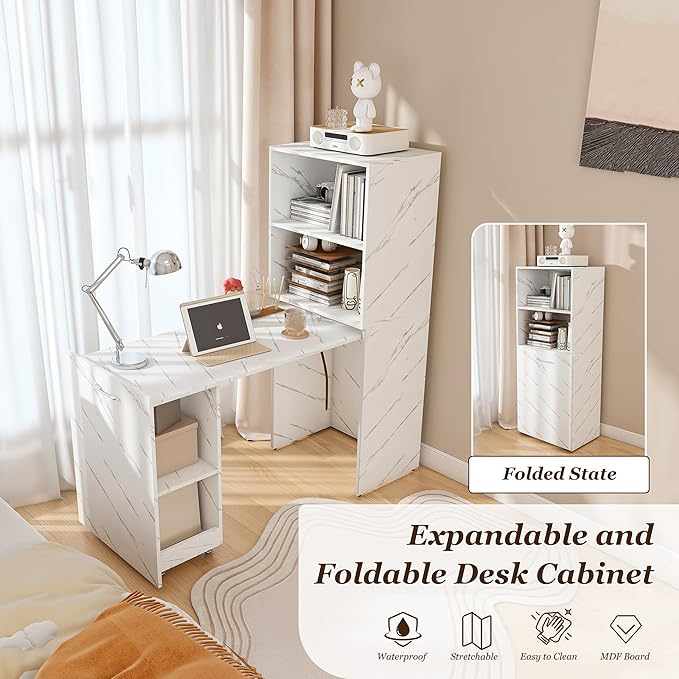 Expandable and Foldable L Shaped Desk Mobile Computer Desk with Storage Shelves &amp Lockable Wheels Compact Rolling Workstation for Small Space Home Office White Marble