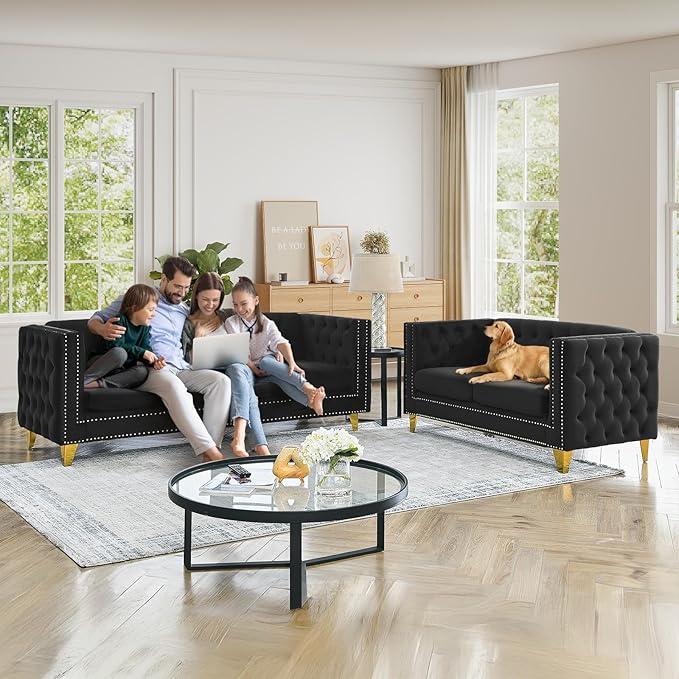 Chesterfield Sofa Set of 2 Modern Velvet Couch with Button Tufted &amp Nailhead Trim Upholstered Deep Seat Couch Comfy Sofa for Living Room Bedroom Apartment Office(58 W + 80.5 W Black)