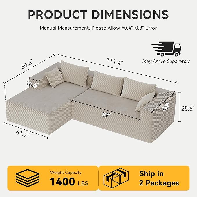 ALISH 111 Inch L-Shaped Cloud Sectional Sofa Couch Compression Couch with Chaise Modular Deep Seat Boneless Design for Easy Setup Plush Upholstered Living Room Bedroom Apartment Furniture Beige