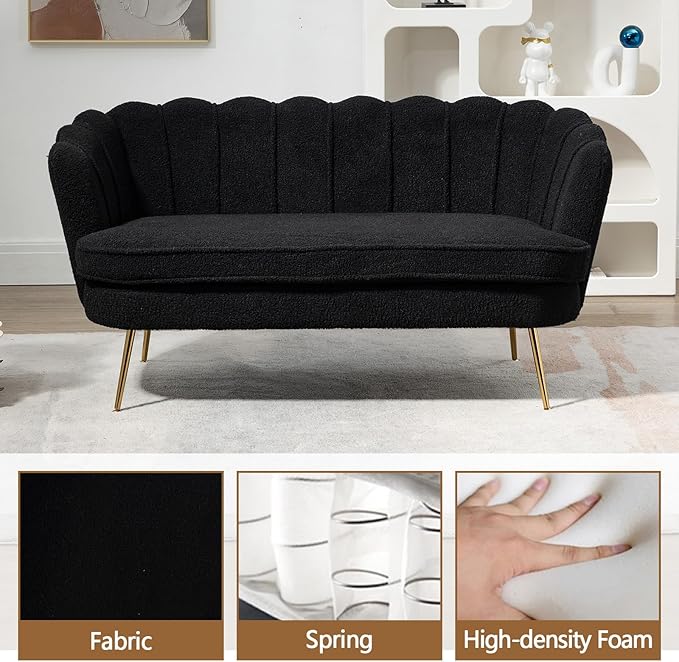 59 Small Loveseat Sofa 2-Seater Modern Chenille Couch with Gold Metal Legs &amp Floral Backrest Compact Apartment Sofa for Living Room Bedroom Office Dorm (Boucle Black)