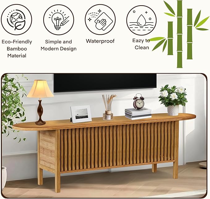 Bamboo TV Stand for TVs up to 65 Accent Entertainment Center with Storage Media Console Table with Fence Door Modern TV Stand for Living Room Bedroom 55(L) Walnut