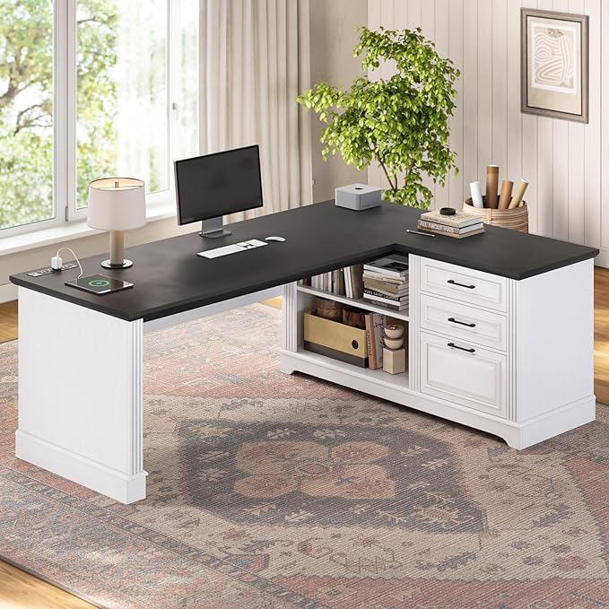 SEDETA Farmhouse 61 Executive L Shaped Desk Home Office Desk with File Drawers Computer Desk with Power Outlets and Storage Shelves for Home Office White