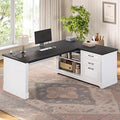 SEDETA Farmhouse 61 Executive L Shaped Desk Home Office Desk with File Drawers Computer Desk with Power Outlets and Storage Shelves for Home Office White