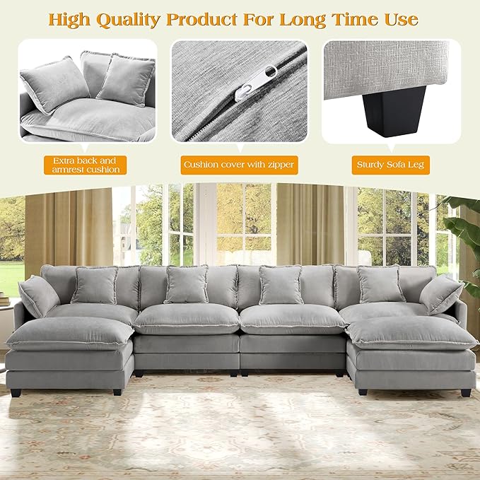 149.2 Modular Sectional SofaU Shaped Couch for Living RoomModern Deep Seat Sofa 3 Seater Chenille Fabric Comfy Cloud Couches with Throw Pillows &amp Movable Ottoman