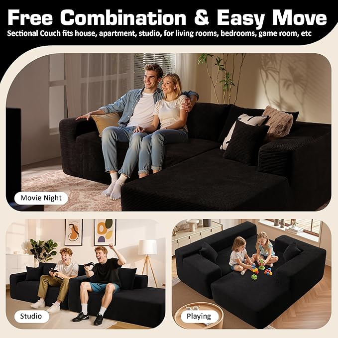 106 Cloud Sectional Couch with Chaise LoungeL Shaped Modular Modern SofaComfy Corduroy Fluffy Sofa with Deep SeatNo Assembly Required Couch for Living Room(RightStripe CorduroyBlack)