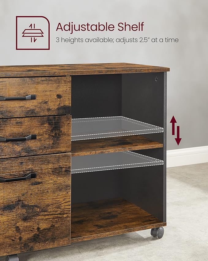 VASAGLE Lateral File Cabinet Home Office Printer Stand 3-Drawer Mobile Filing Cabinet with Open Storage Shelves for A4 Letter-Size Files Industrial Rustic Brown and Black UOFC041B01