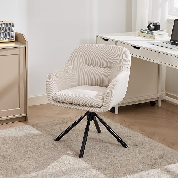 Modern Office Desk Chair Swivel Accent Chair No Wheels Fabric Upholstered Arm Chair Ergonomic Swivel Vanity Chair with Mid Back Arm Chair for Living Room Bedroom Home Office Beige