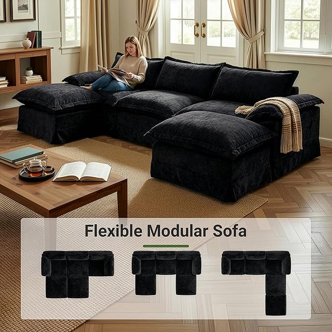 Claiks 123 Modular Boneless Couch U Shaped Couch for Living Room Modern Deep Seat Sofa 3 Seater Chenille Fabric Comfy Cloud Couches with Movable Ottoman Black