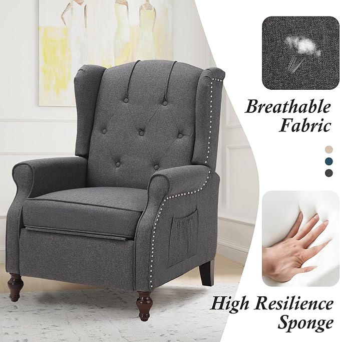 Wingback Recliner Chair with Massage and Heat Wingback Recliner Tufted Fabric Push Back Recliner Chair for Living Room Vintage Wingback Chair with Remote Control Padded Cushion Wooden Legs