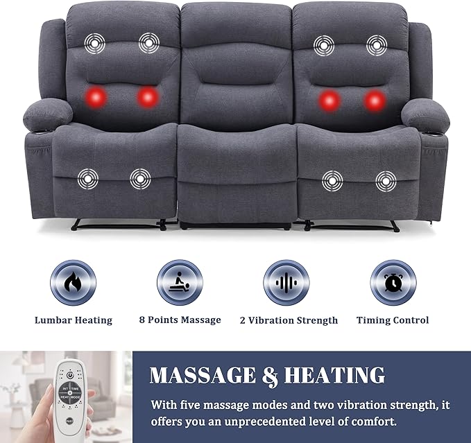 Oversized Recliner Sofa with Heat and Massage Wall-Hugger Reclining Sofa with Cup Holders and USB Port Big Large 3-Seater RV Recliner Couch Sofa for Living Room (Fabric Grey)