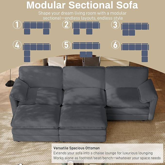 113.7 U Shaped Cloud Couch Sectional for Living Room Modern Modular Deep Seat Sofa with Movable Ottoman Comfy Fluffy Chenille Sectional Sofa Set Grey