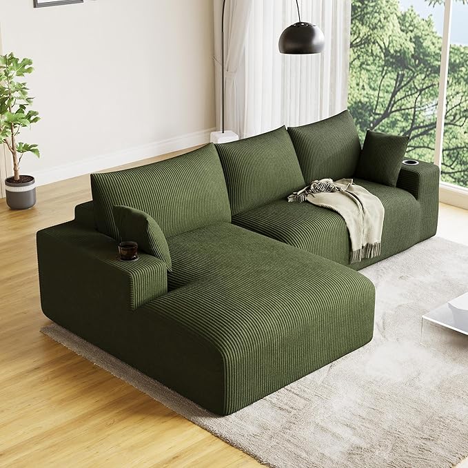 113 Modular Sectional Sofa Cloud Couch Modern Deep Seat Fluffy Corduroy Boneless Couch with Cup Holder Comfy L Shaped Sectional Couches for Living Room Bedroom. (Right Facing Olive Green)