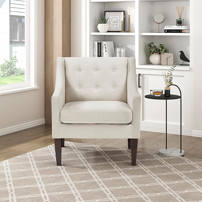 Lexicon Living Room Accent Chair Textured Fabric Upholstered Arm Chair with Button Tufted Back Sloped Arms and Wooden Legs Beige