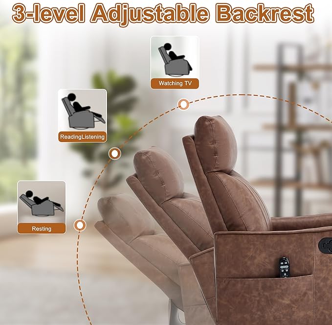 Manual Swivel Rocker Recliner Chair for Adults Overstuffed Glider Chair for Nursery with Massage and Heat Living Room Reclining Chair Faux Leather Brown