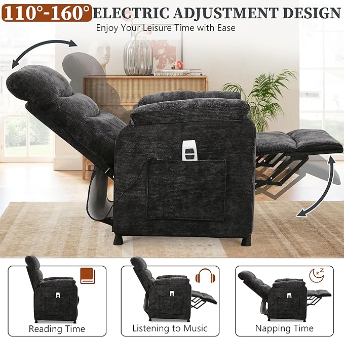 Electric Recliner Chair Power Recliner Sofa with Remote Adjustable Backrest and Side Pocket 7-Zone Support 350 LBS Soft Chenille Fabric Armchair for Living Room Bedroom Black