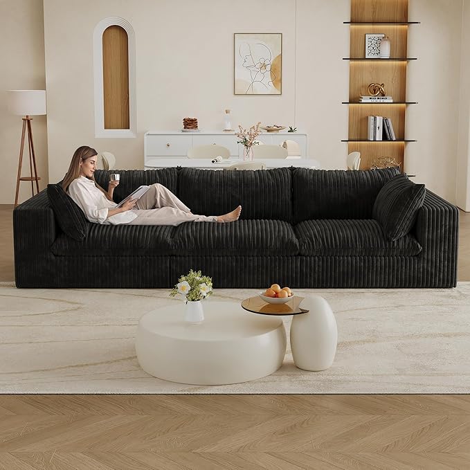 118.2 Modular Boneless Sofa 3 Seater Cloud Sectional Couches for Living Room Deep Seat Corduroy Upholstered Couch Furniture Set No Assembly Required (Black 3 Seater)