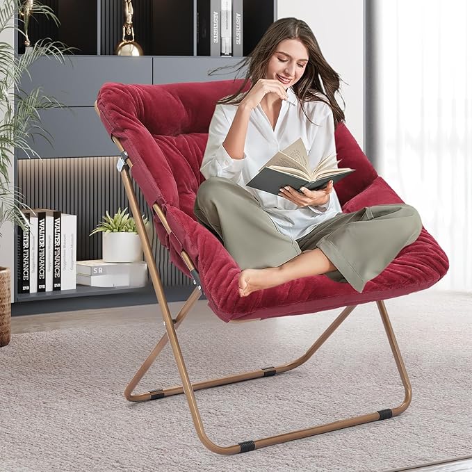 Foldable Oversized Moon Chair Large Soft Lazy Cozy Comfortable Faux Fur Square Saucer Moon Chair for Teens and Adults Burgundy