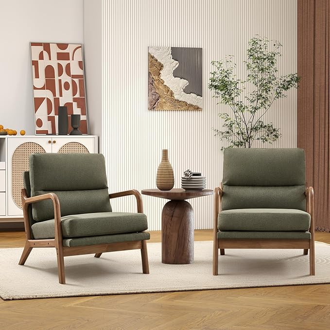 Bonzy Home Mid Century Modern Accent Chairs Set of 2 Solid Wood Frame Upholstered Lounge Armchairs with Supportive Cushions Living Room Conversation Chairs Green