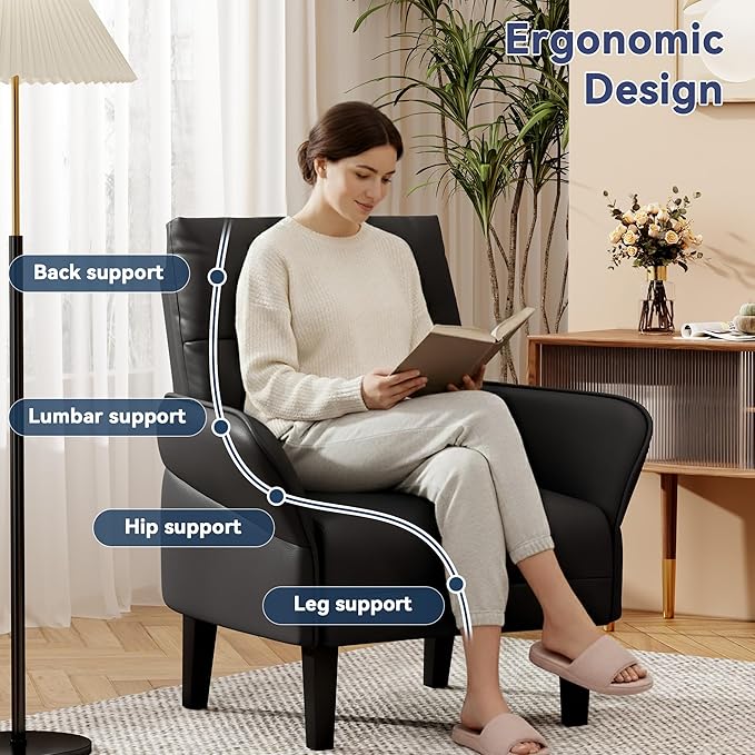 HAOBO Home Modern Black Accent Chair Upholstered PU Leahter Armchair for Bedroom Living Room Chairs Office Chair