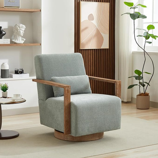 30.3 W Swivel Accent Chair with Solid Wood Armrests Modern Upholstered Armchair with Rubberwood Base 360 Degree Comfy Lounge Reading Chair for Living Room Bedroom or Office (Pale Green)