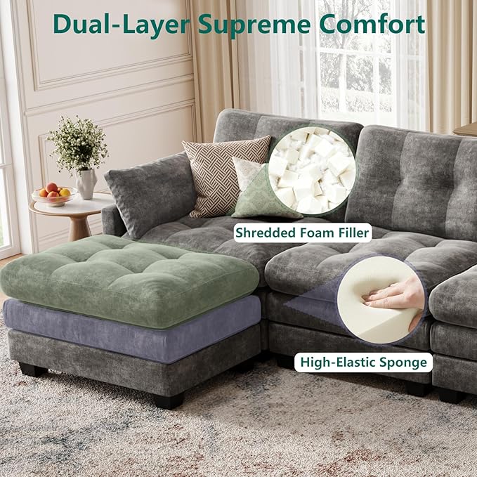 Modular Sectional U Shaped Sofa Couches for Living Room Cloud Couch with Movable Ottoman Comfy Chenille Sofa with Pillow for Bedroom and ApartmentDark Gray-Tufted