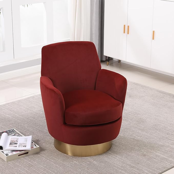 360° Swivel Barrel Accent Chair Comfy Round Accent Chairs with Gold Iron Base &amp Dual-Layer Cushion Modern Lounge Reading Armchair Upholstered Sofa Chair for Living Room Bedroom(Velvet Red)