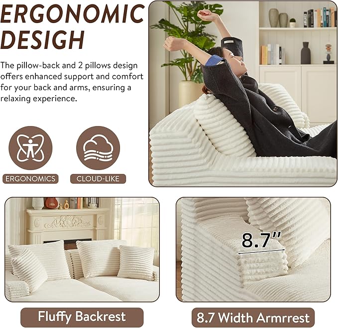 Oversized Double Chaise Lounge Chair IndoorWide Corduroy Boneless Chaise Lounges Sofa Comfy Upholstered Sectional Cloud Couch No Assembly Required Loveseat Sleeper Chair Bed for Living Room (White)