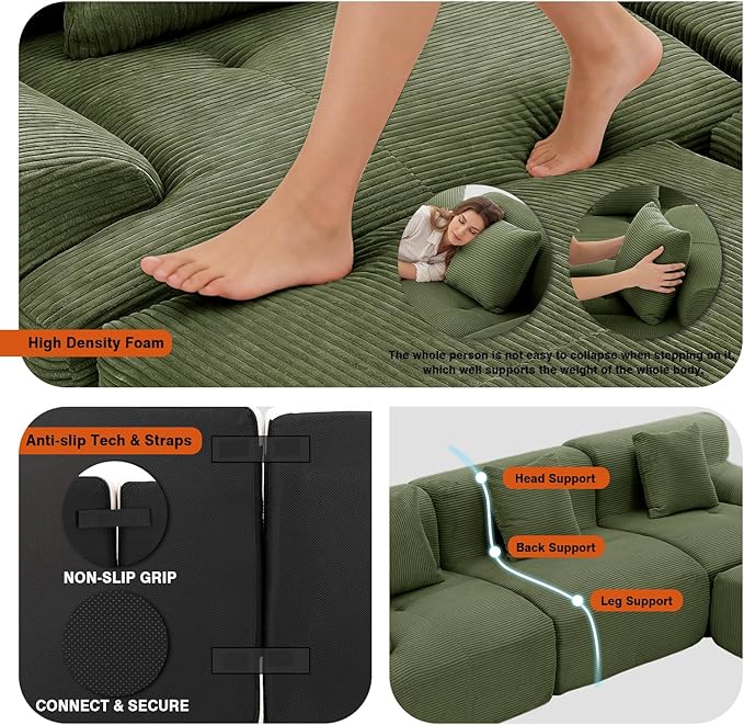 120 Modular Cloud Couch Sectional Boneless Couch with Ottoman Modern Modular L-Shaped Sofa Bed with Deep Seat Upholstered 3-Seater Sectional Couches for Living Room Apartments (Green)