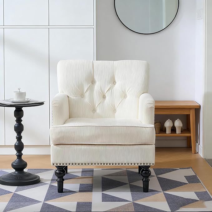 Accent Chair for Living Room Mid-Century Armchairs for Small Spaces Chenille Upholstered Comfy Reading Armchair with Studded for Bedroom (Beige)