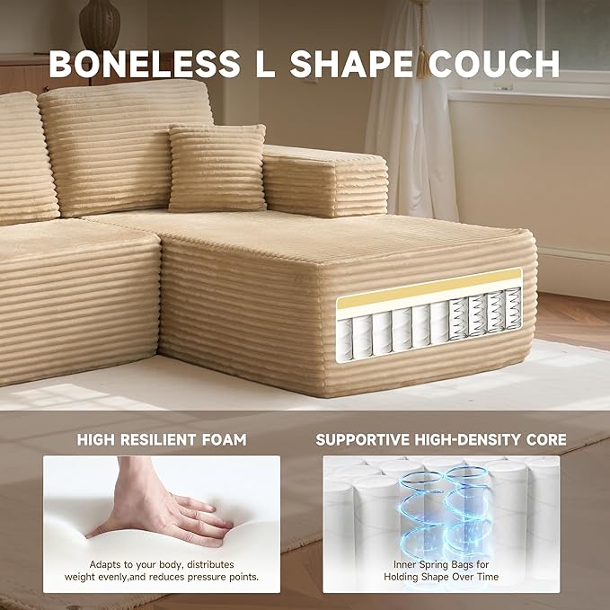 106″ Modular Sectional Sofa L-Shaped Chaise Lounge Cloud Couch with Deep Seat Convertible Boneless Sectional Couches for Living Room No Assembly Required Beige Plush Corduroy