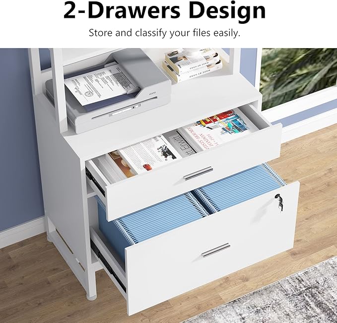 Tribesigns 2 Drawer Vertical File Cabinet with Lock &amp Bookshelf Letter Size Large Modern Filing Cabinet Printer Stand with Open Storage Shelves for Home Office White