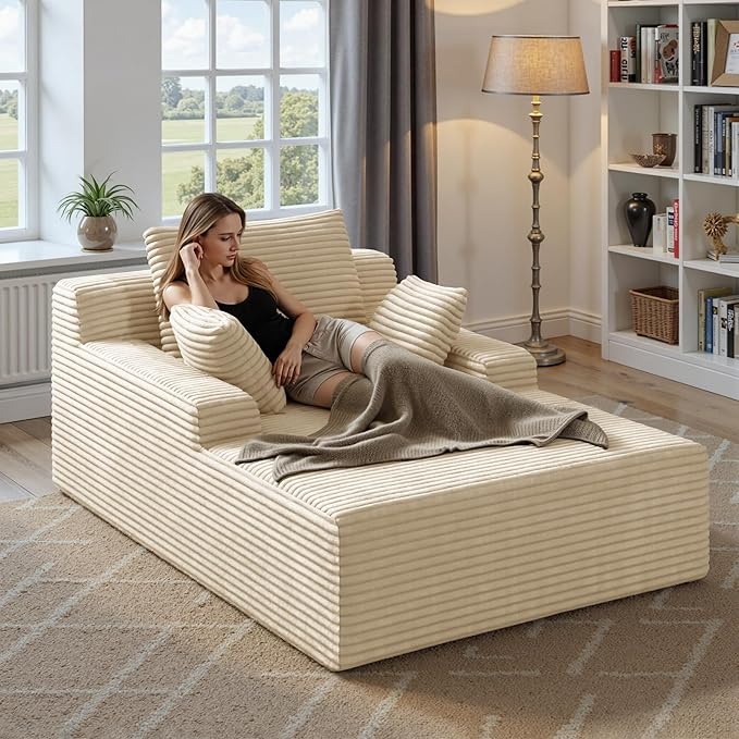 51'' Oversized Chaise Lounge Chair Indoor Non-Assembly Deep Seat Sofa Bed Corduroy Sleeper Cloud Boneless Couch with 2pcs Pillows for Reading Living Room-Khaki