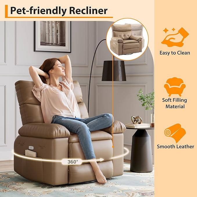 Elderly Massage Recliner Chair with Heat - Oversized Power Swivel Rocker for Adults 360° Rotating Chair PU Leather Recliner Sofa for Living Room Bedroom - Easy Clean Design Yellow