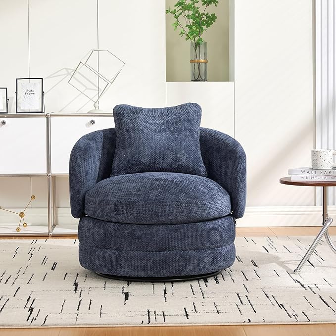 30 Modern Round Chenille Barrel Accent Chair 360° Swivel Ergonomic Comfy Upholstered with Pillow for Living Room Bedroom Reading Room Balcony Lounge Navy