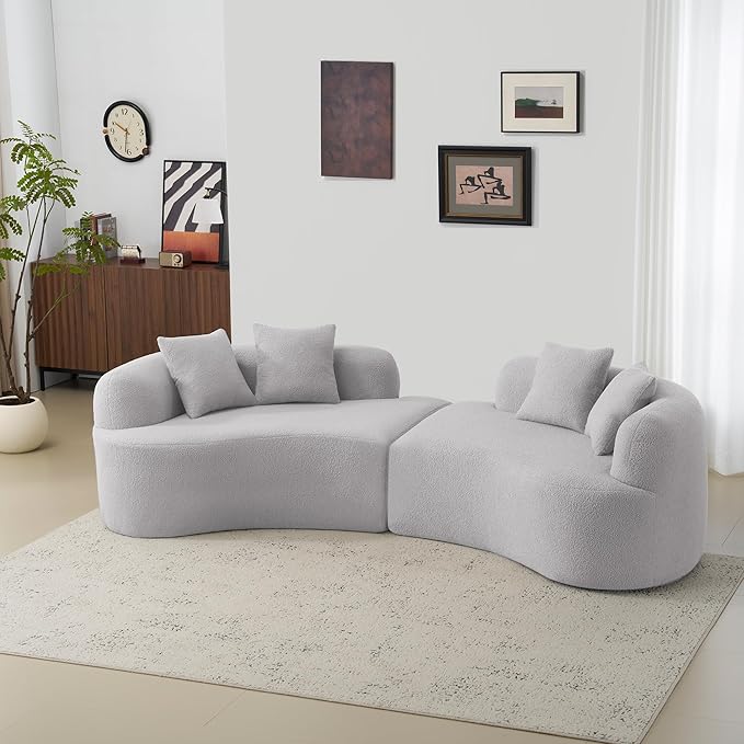 106.7 Curved Loveseat Sofa for Small Spaces - Plush Teddy Fleece Fabric Modern Love Seat with Pocket Springs &amp Memory Foam Boneless Floor Couch Set Living Room Studio 38.6 Extra Deep Seat (Gre