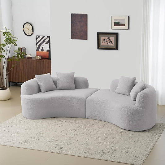 106.7 Curved Loveseat Sofa for Small Spaces - Plush Teddy Fleece Fabric Modern Love Seat with Pocket Springs &amp Memory Foam Boneless Floor Couch Set Living Room Studio 38.6 Extra Deep Seat (Gre