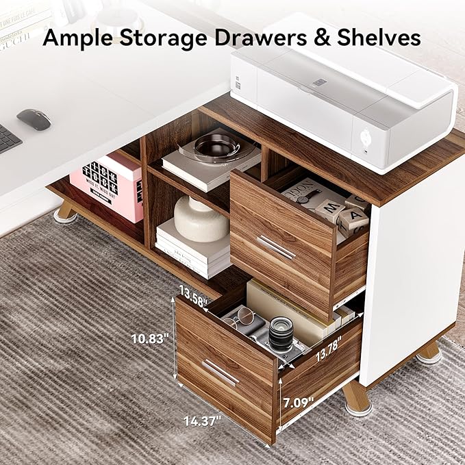 LITTLE TREE 70.8 Office Desk with 55 File Cabinet Combo L-Shaped Executive Desk with Storage Drawers &amp Shelves Wooden Home Office Desk Large Business Furniture White and Brown