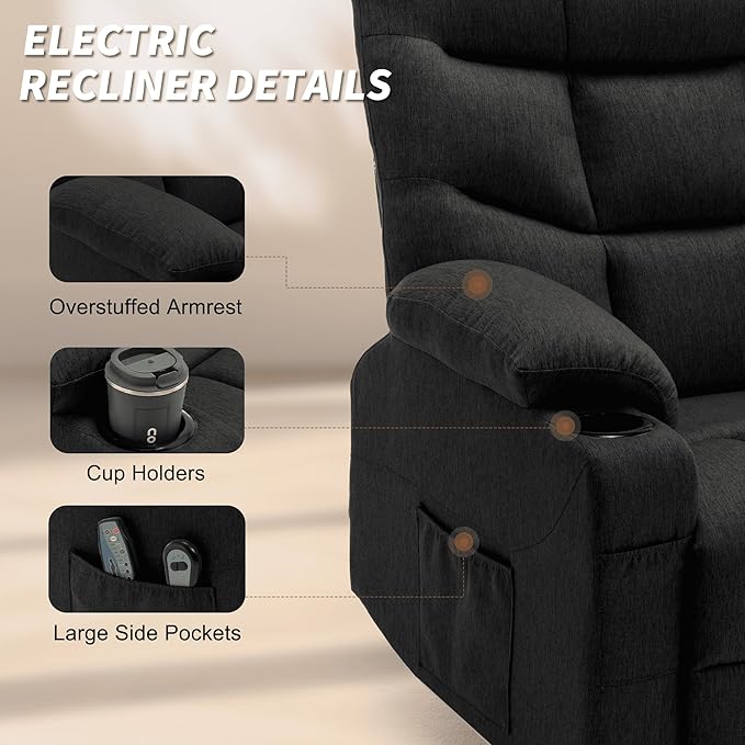 Power Recliner Chair with Massage and Heating Electric Recliner Chair for Elderly and Adults Power Lift Recliner with Remote Control and Cup Holders for Living Room Linen Fabric Black