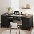 60 Traditional Home Office Desk with Power Outlets Wooden Executive Desk with File Cabinet and Drawers Farmhouse Wood Work Desk for Work Study Writing Black