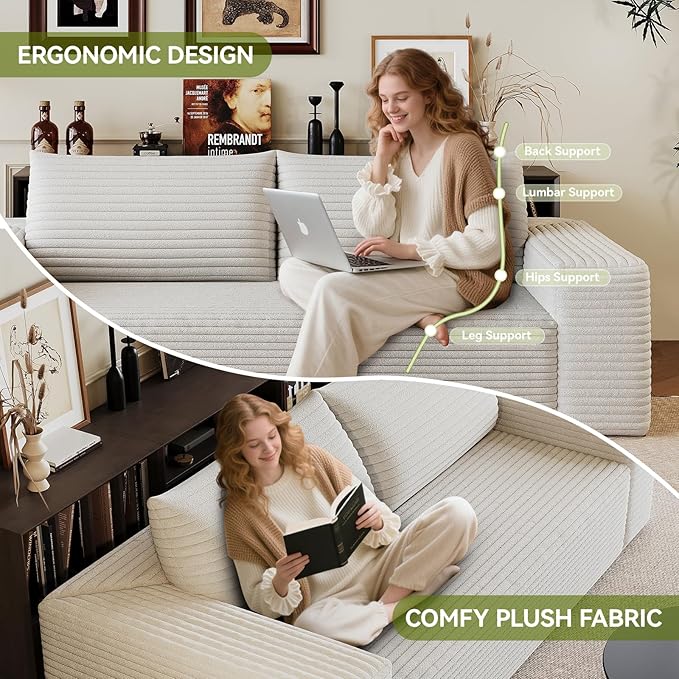 Boneless Cloud Loveseat Couch No Assembly Required Sofa in a Box 63/71 2 Seater Corduroy Compression Couch for Living Room Bedroom Apartment (White 63) | Comfortable