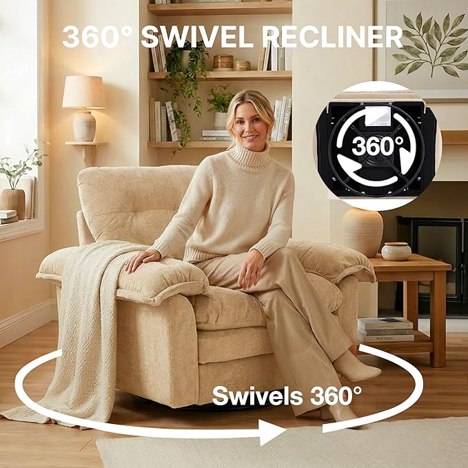 360° Swivel Accent Chair Oversized Plush Modern Chenille Armchair with Padded Seat &amp Back Comfy Spinning Chair for Living Room Bedroom Office (Oatmeal)